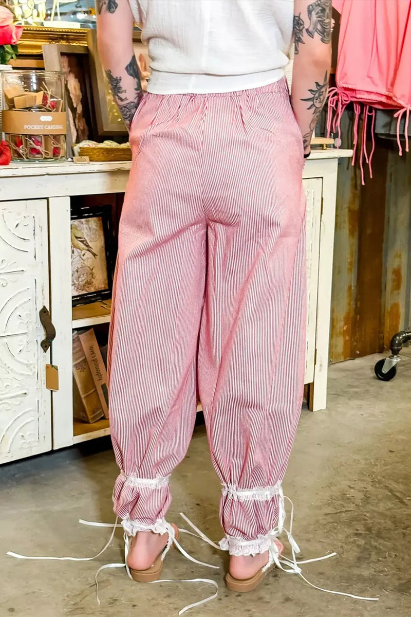 Hazel Blues® | Stripe Contrast Lace Ribbon Tie Detail Wide Leg Pants