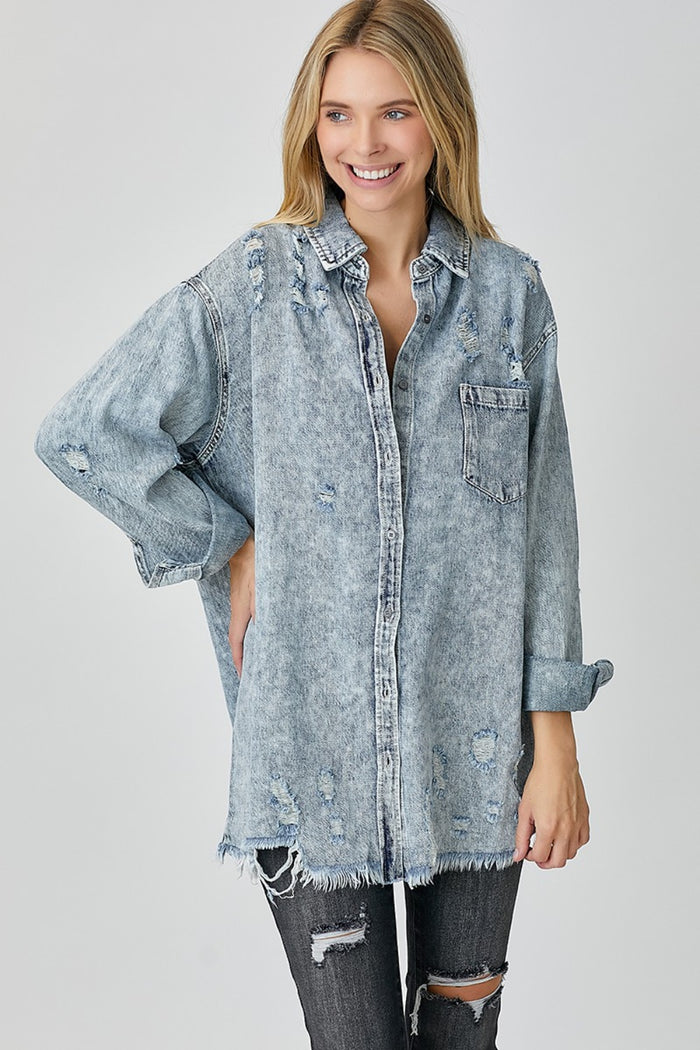 Hazel Blues® |  RISEN Distressed Raw Hem Denim Shirt