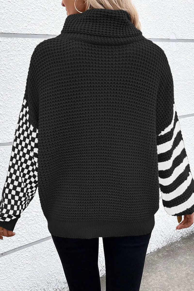 Hazel Blues® |  Checkered Striped Turtleneck Long Sleeve Sweater