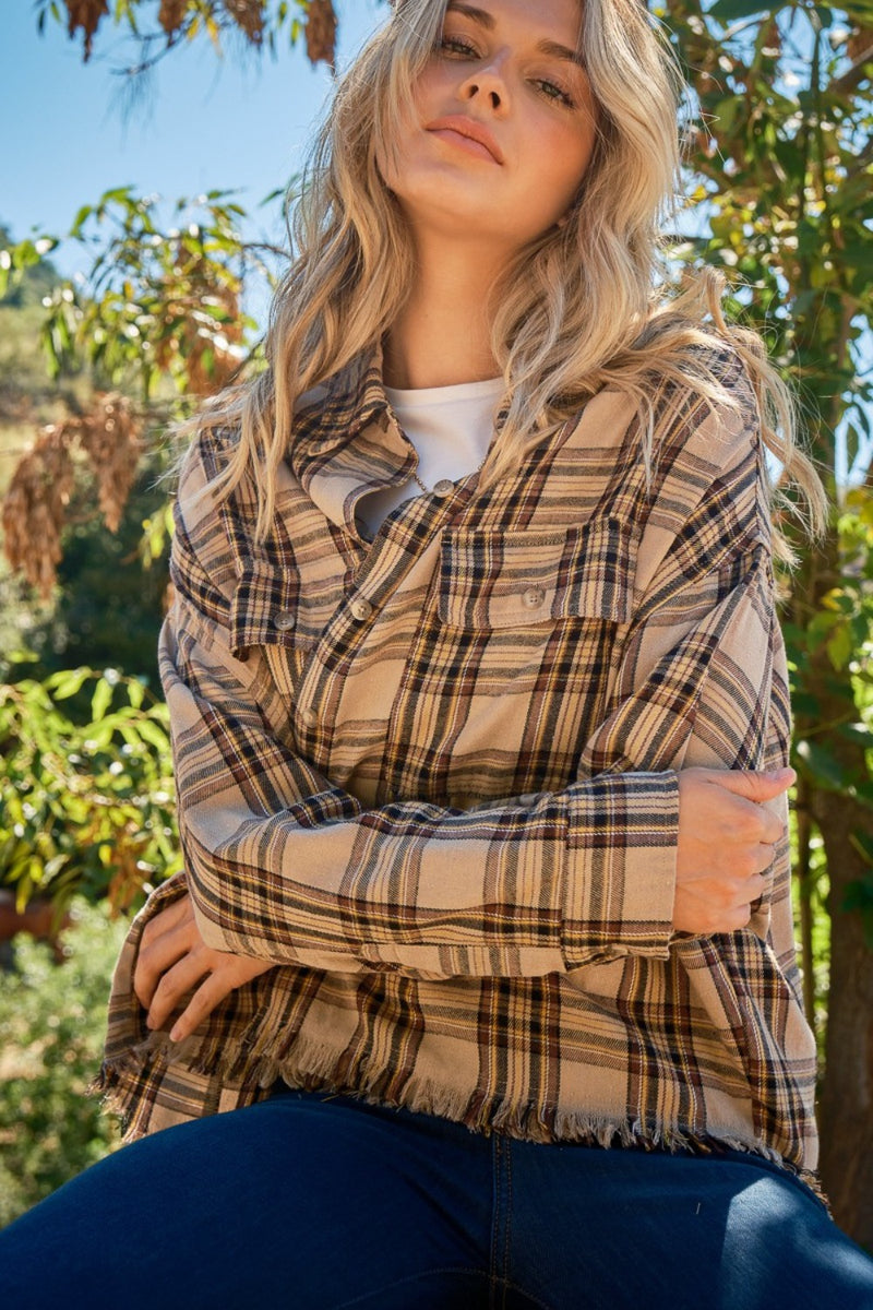 Hazel Blues® |  And The Why Button Up Raw Hem Plaid Shirt