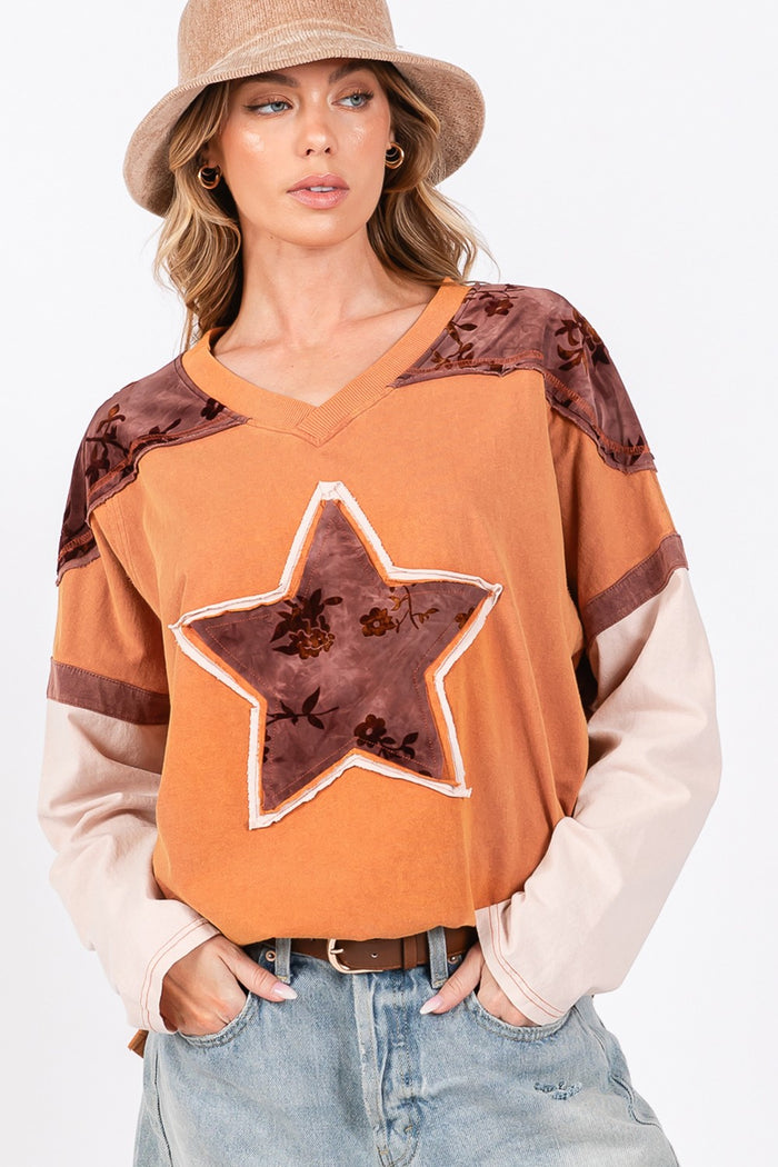 Hazel Blues® |  SAGE + FIG Star Patch Long Sleeve Color Block T-Shirt