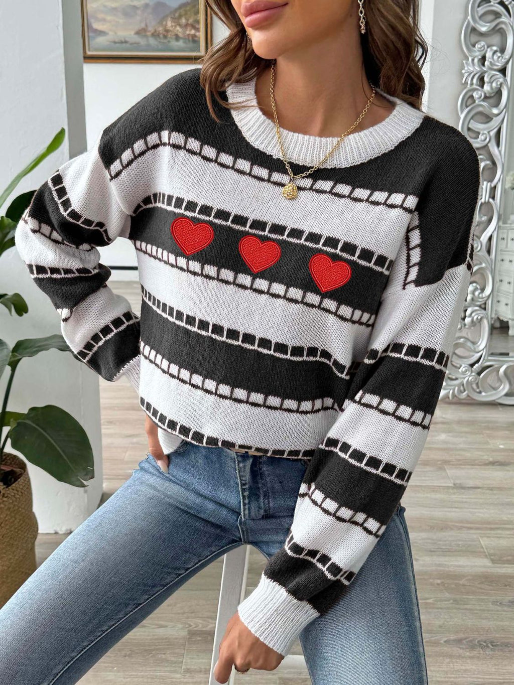 Hazel Blues® |  Heart Round Neck Long Sleeve Sweater