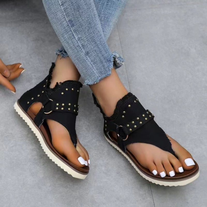 Hazel Blues® |  Studded Raw Hem Flat Sandals