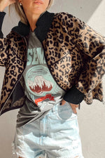 Hazel Blues® |  Khaki Leopard Print Zip Up Stand Neck Side Pocket Jacket
