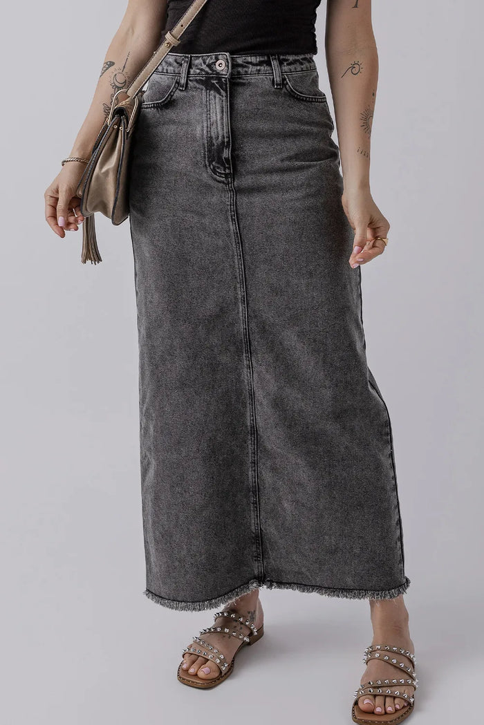 Hazel Blues® |  Raw Hem Midi Denim Skirt with Pockets