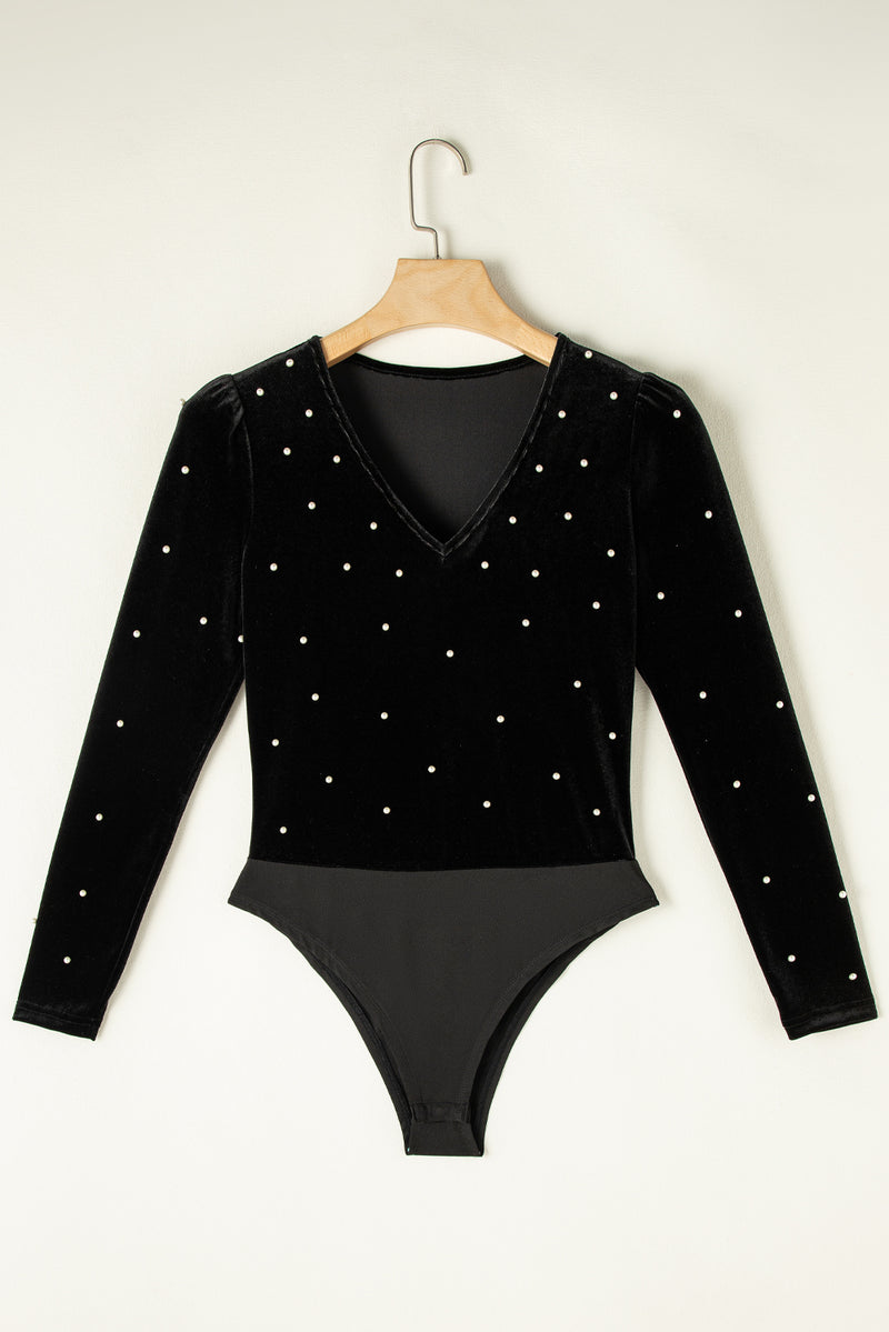 Hazel Blues® |  Pearl Detail Velvet V-Neck Long Sleeve Bodysuit