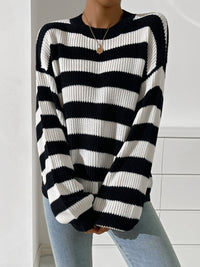 Hazel Blues® |  Honey Striped Round Neck Long Sleeve Sweater