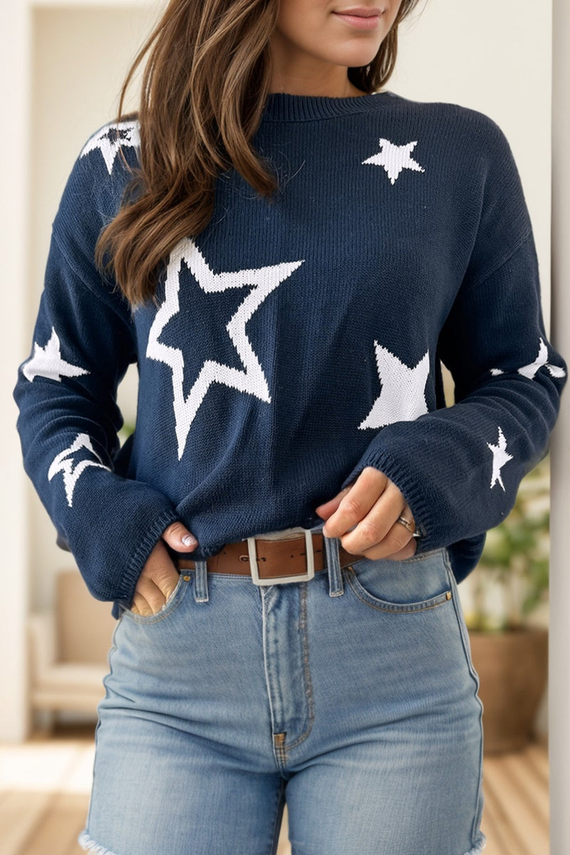 Hazel Blues® |  Star Round Neck Long Sleeve Sweater