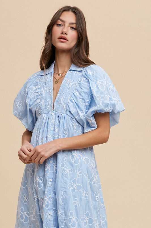 Hazel Blues® |  Annie Wear Floral Smock Detail Puff Sleeve Dress