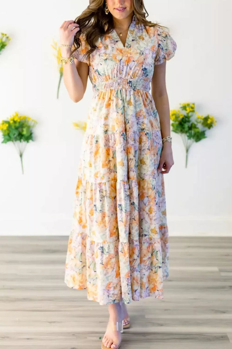 Floral Print Smocked Tiered Maxi Dress Floral / S
