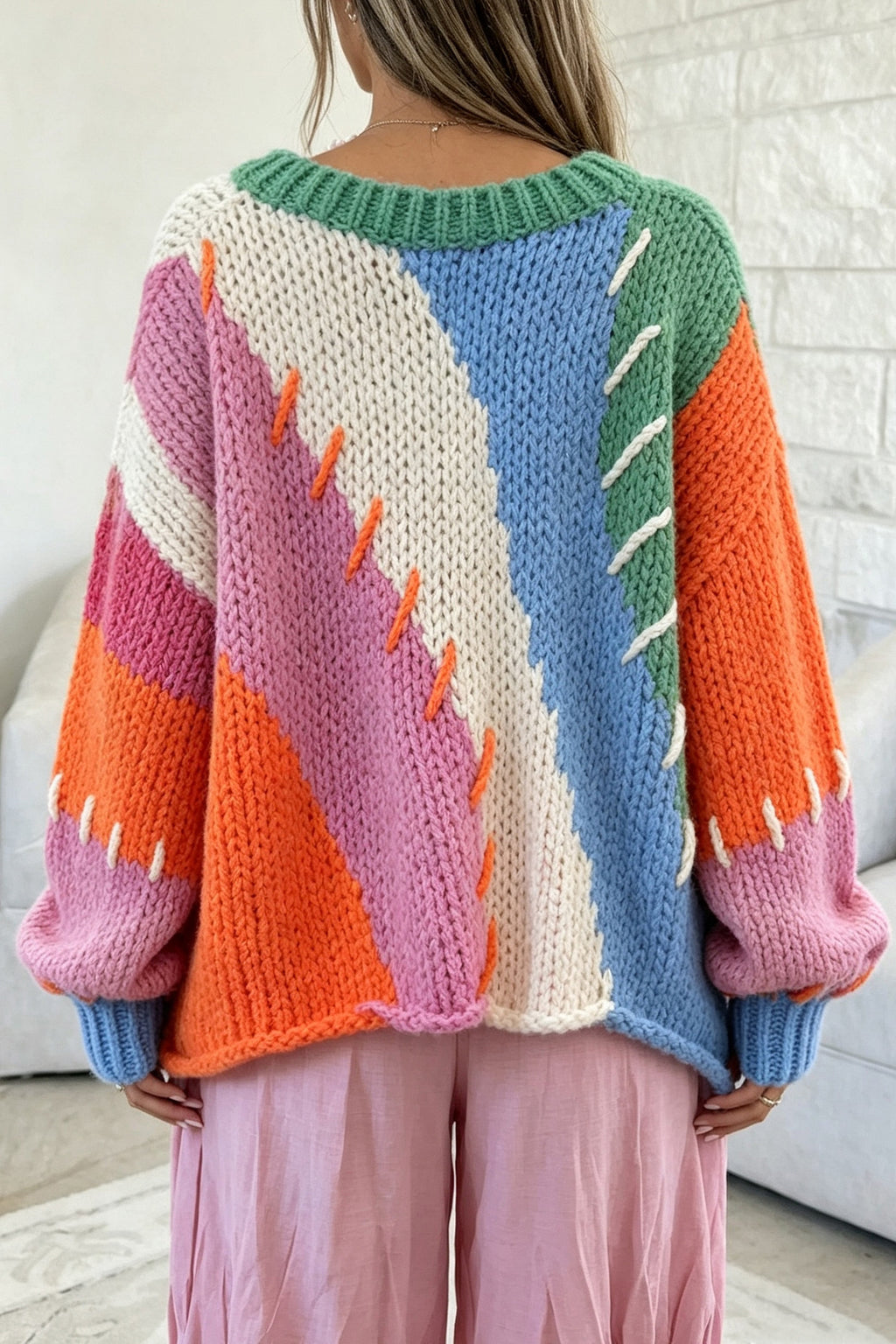 Bonbon Color-Block Patchwork Knit Sweater
