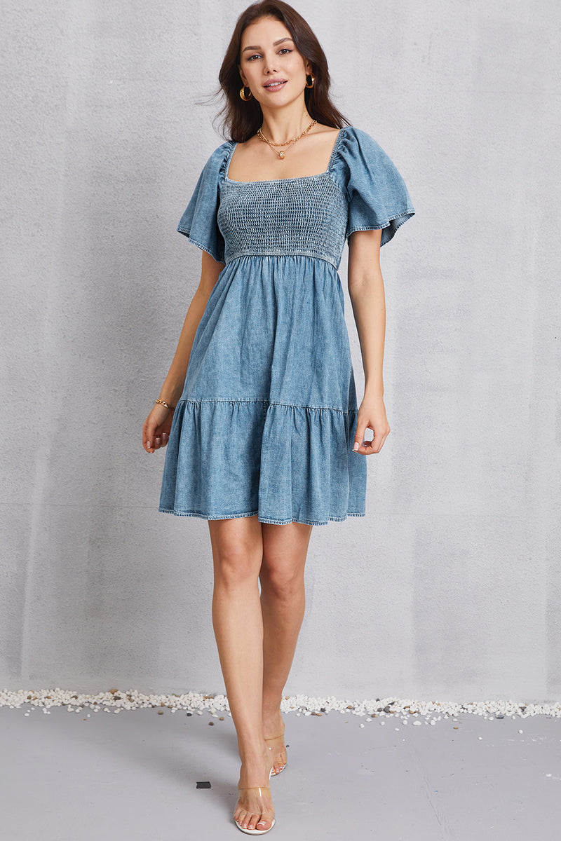 Hazel Blues® |  Smocked Square Neck Mini Denim Dress