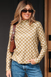 Hazel Blues® |  Khaki Check Pattern Turtleneck Ribbed Slim Long Sleeve Tee