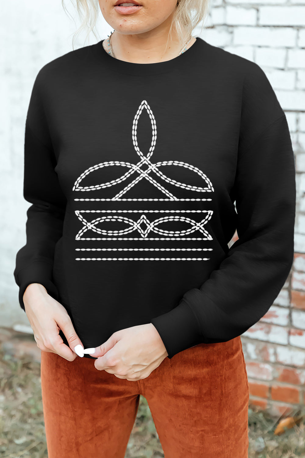 Hazel Blues® |  Black Western Pattern Print Round Neck Pullover Sweatshirt