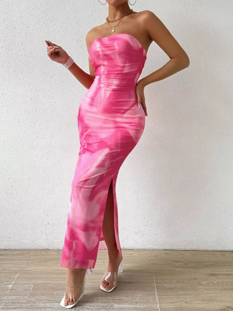 tie dye ruched dress Tie Dye Ruched Bust Mesh Cami Dress, Pink / XS