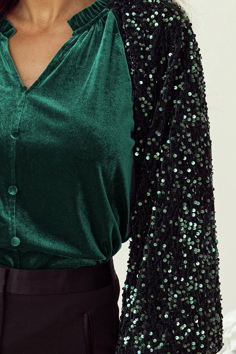 Hazel Blues® |  Sequin Notched Long Sleeve Blouse