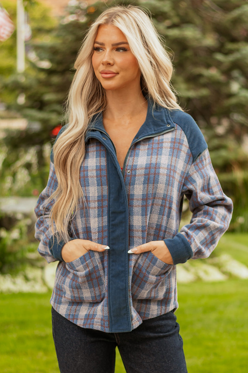 Hazel Blues® |  Gray Plaid Corduroy Patchwork Collared Zip Up Snap Button Jacket