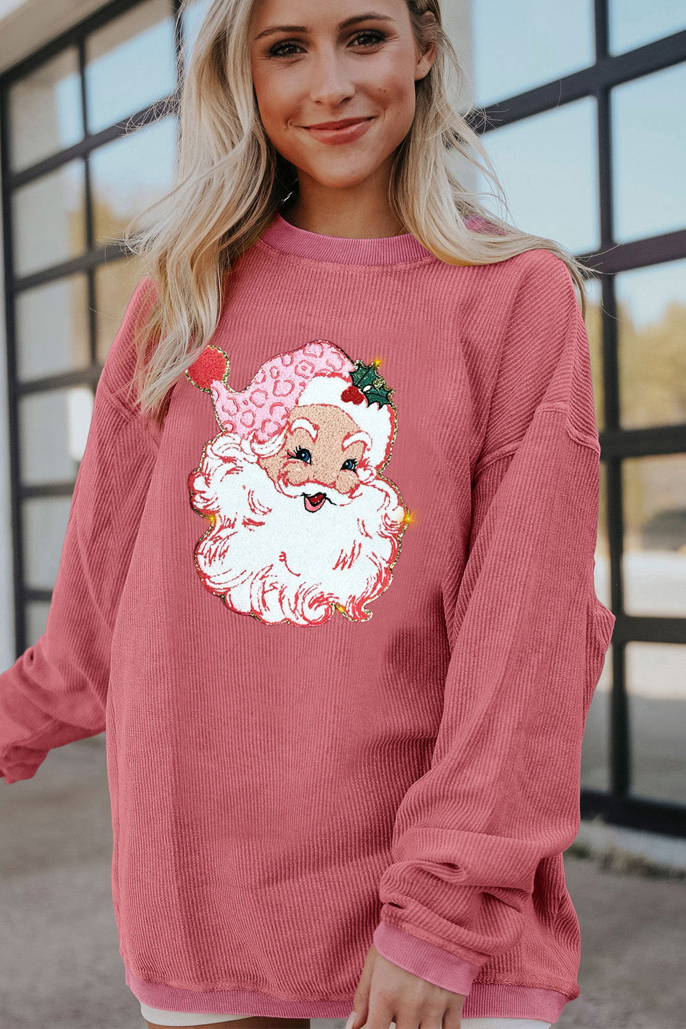Hazel Blues® |  Strawberry Pink Santa Claus Sparkle Corded Crew Neck Sweatshirt