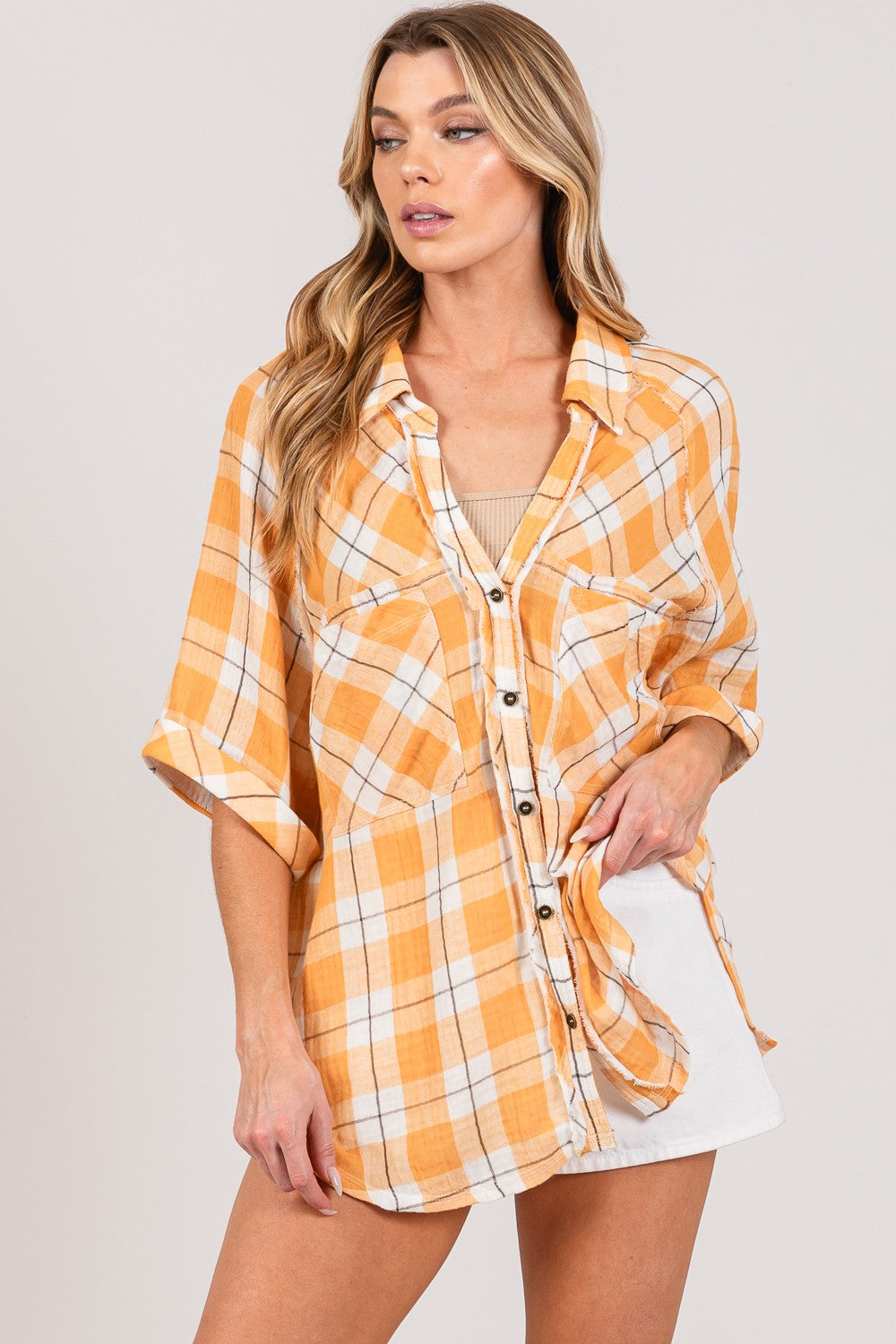 Hazel Blues® |  SAGE + FIG Plaid Button Up Side Slit Shirt