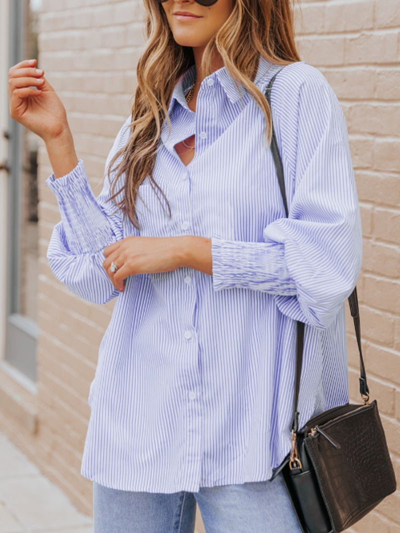 Hazel Blues® |  Striped Collared Neck Lantern Sleeve Shirt