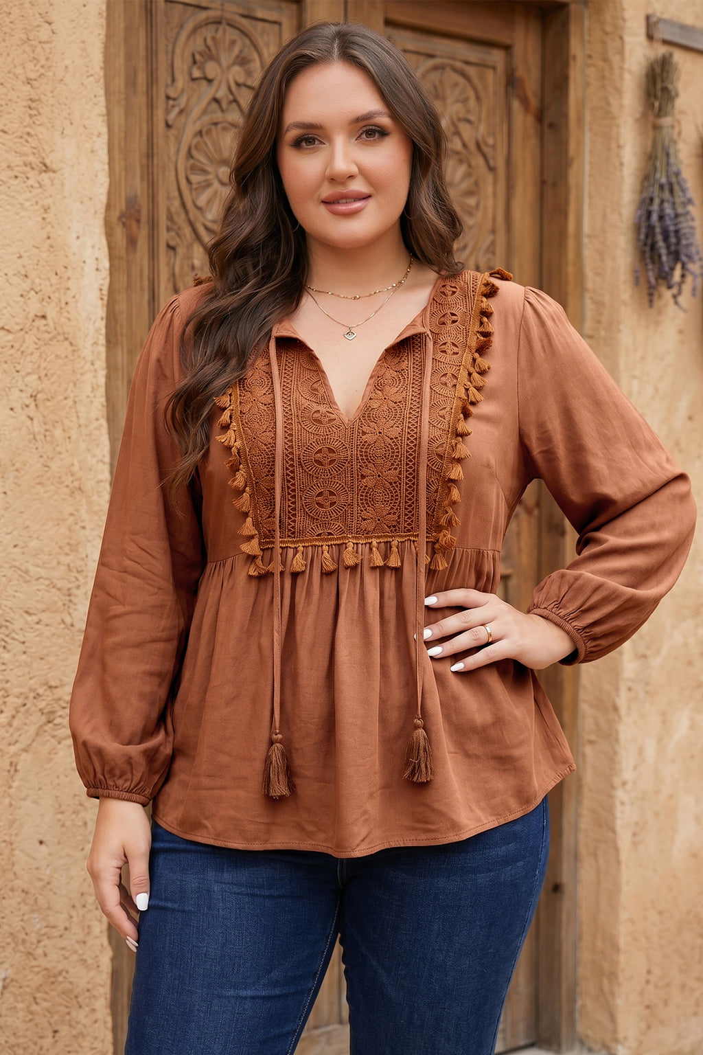 Chestnut Boho V-Neck Embroidered Tassel Long-Sleeve Blouse