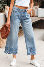 Hazel Blues® |  Dusk Blue Embroidered Cropped Wide Leg High Waist Jeans