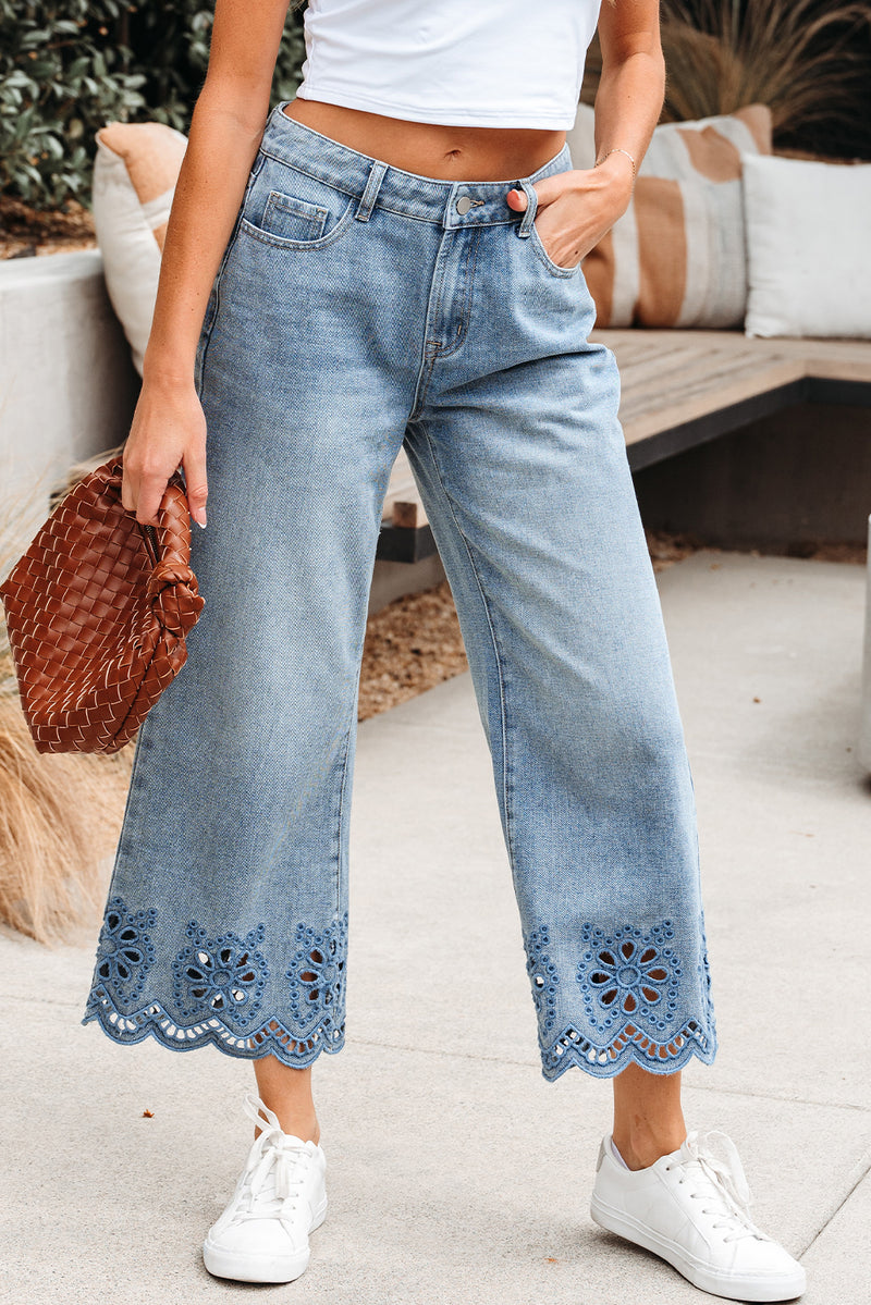 Hazel Blues® |  Dusk Blue Embroidered Cropped Wide Leg High Waist Jeans