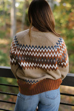 Hazel Blues® |  Khaki Aztec Print Colorblock Crew Neck Sweater