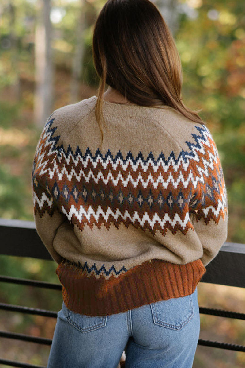 Hazel Blues® |  Khaki Aztec Print Colorblock Crew Neck Sweater