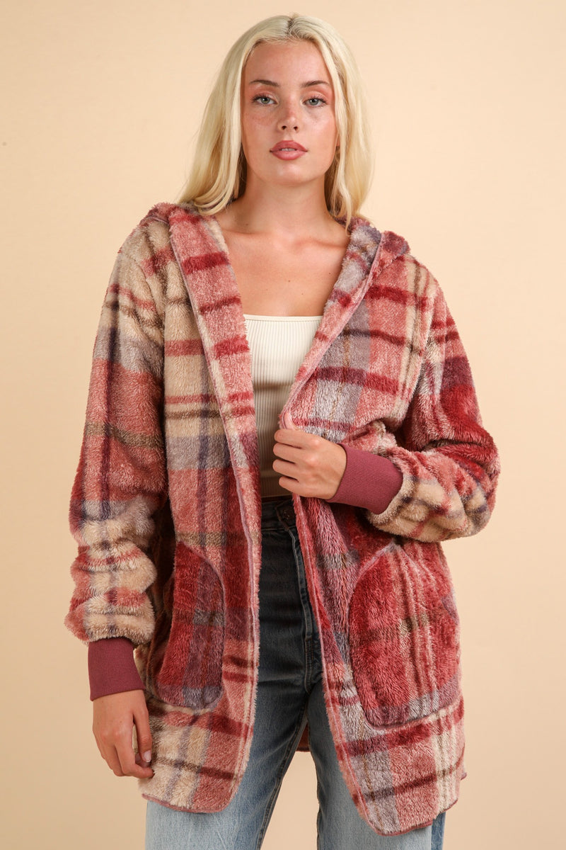 Hazel Blues® |  VERY J Fuzzy Plaid Long Sleeve Hooded Jacket