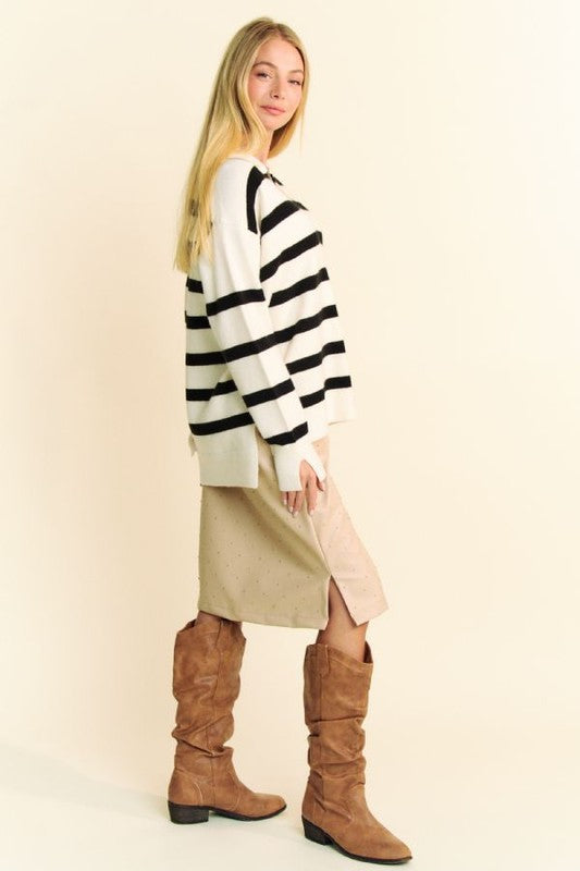 Hazel Blues® |  Davi & Dani High-Low Side Slit Striped Johnny Collar Sweater