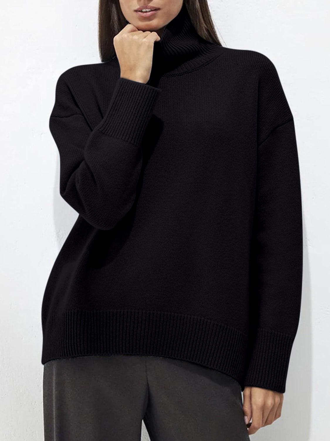 Hazel Blues® |  Ribbed Detail Turtleneck Dropped Shoulder Sweater