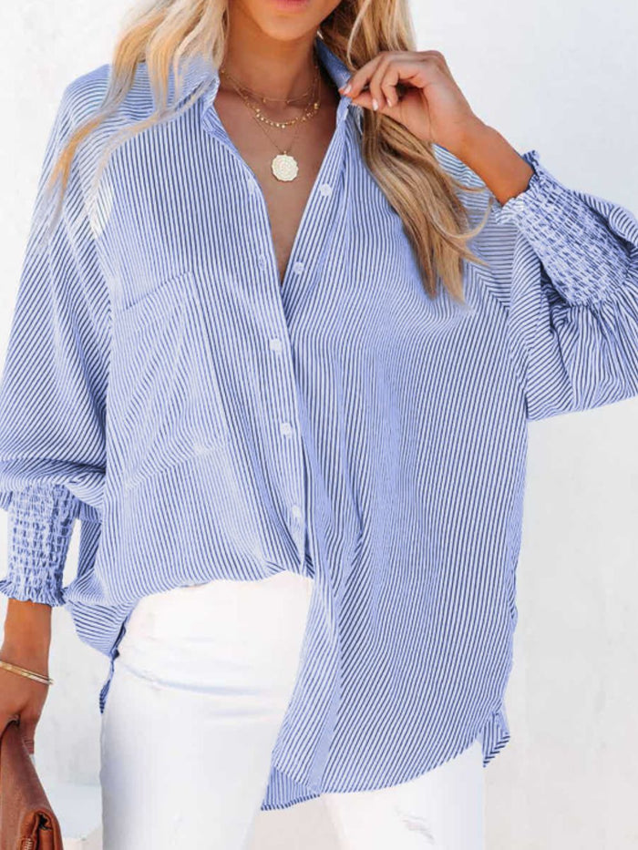 Hazel Blues® |  Striped Collared Neck Lantern Sleeve Shirt