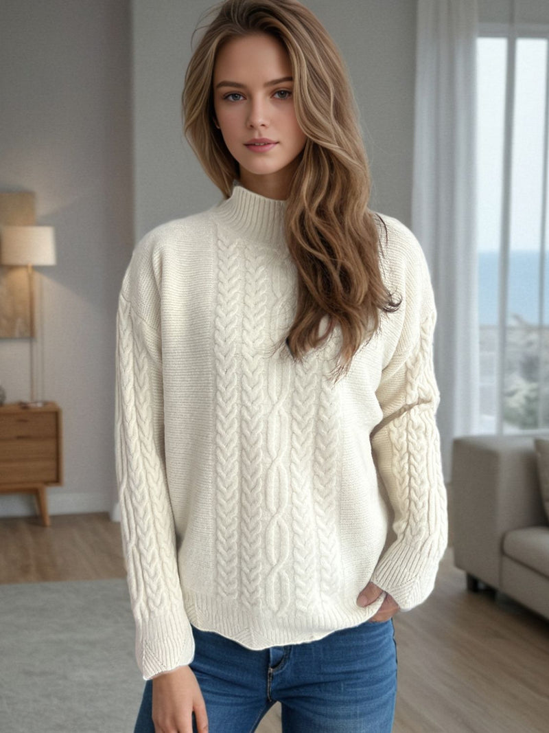 Hazel Blues® |  Cable-Knit Mock Neck Dropped Shoulder Sweater