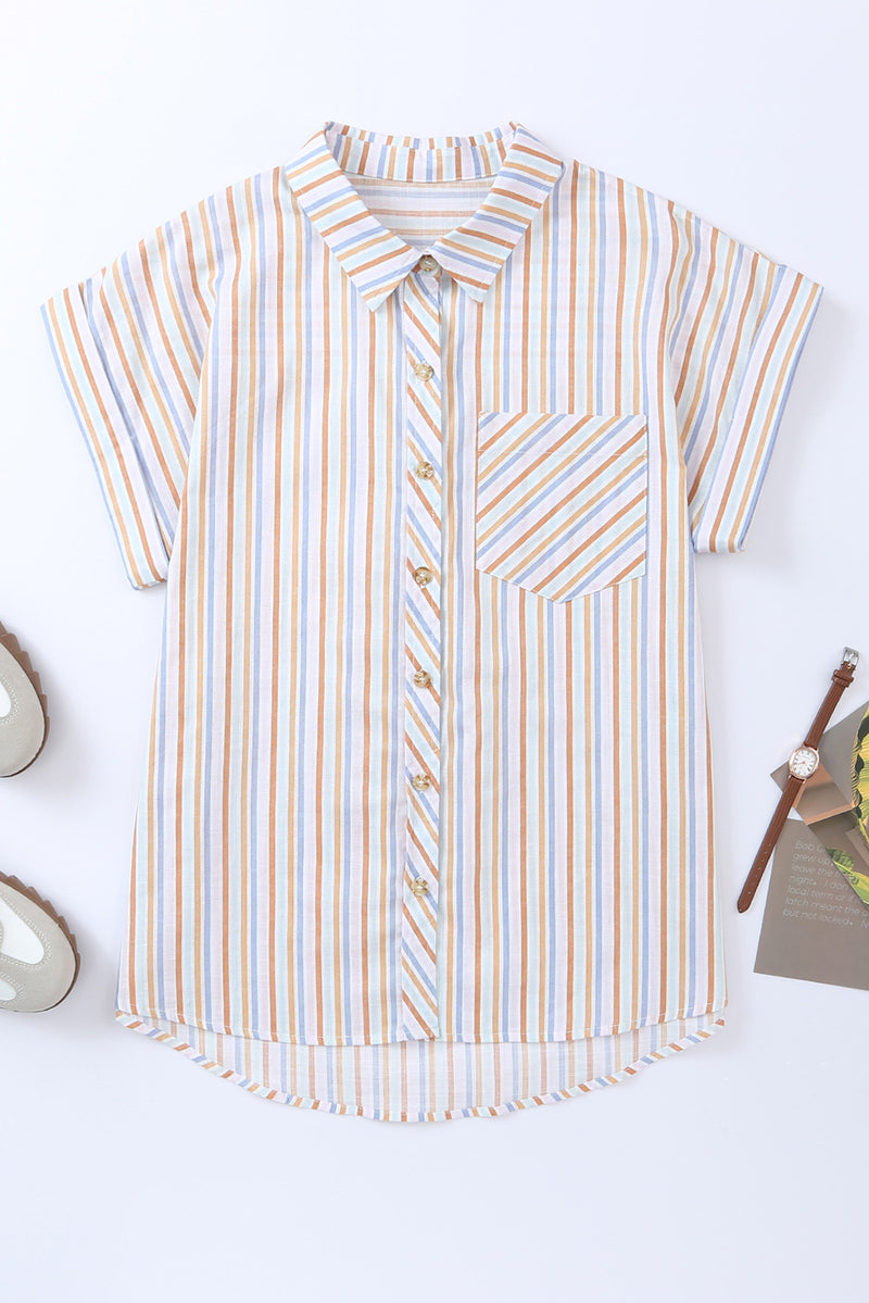 Hazel Blues® |  Pocketed Striped Collared Neck Short Sleeve Shirt