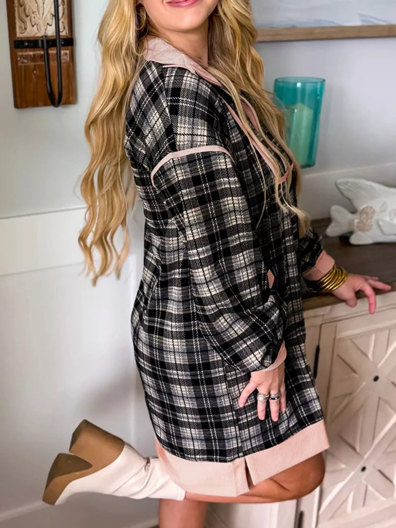 Sunny Angela Women's Plaid Polo Collar Zip Up Contrast Trim Mini Dress - Sunny Angela Black / XL