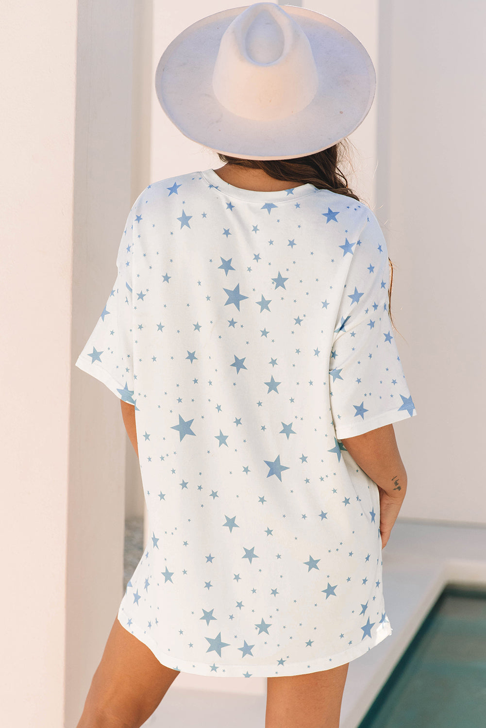 Fiona Jane Sky Blue Stars Print Drop Shoulder Oversized T-Shirt with Slits