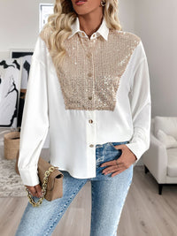 Hazel Blues® |  Perfee Sequin Contrast Collared Neck Long Sleeve Shirt