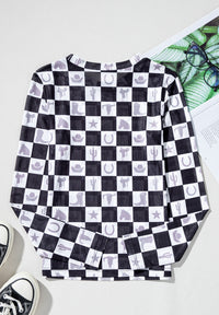 Hazel Blues® |  Checkered Mock Neck Long Sleeve Top