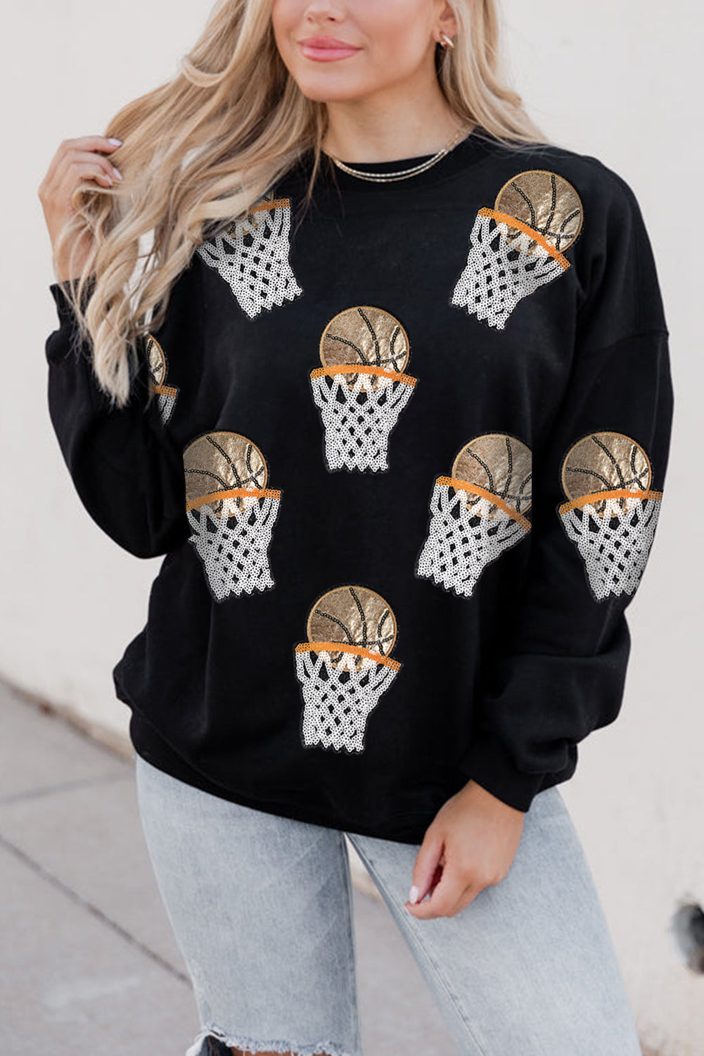 Hazel Blues® |  Black Basketball Patched Game Day Crew Neck Graphic Sweatshirt