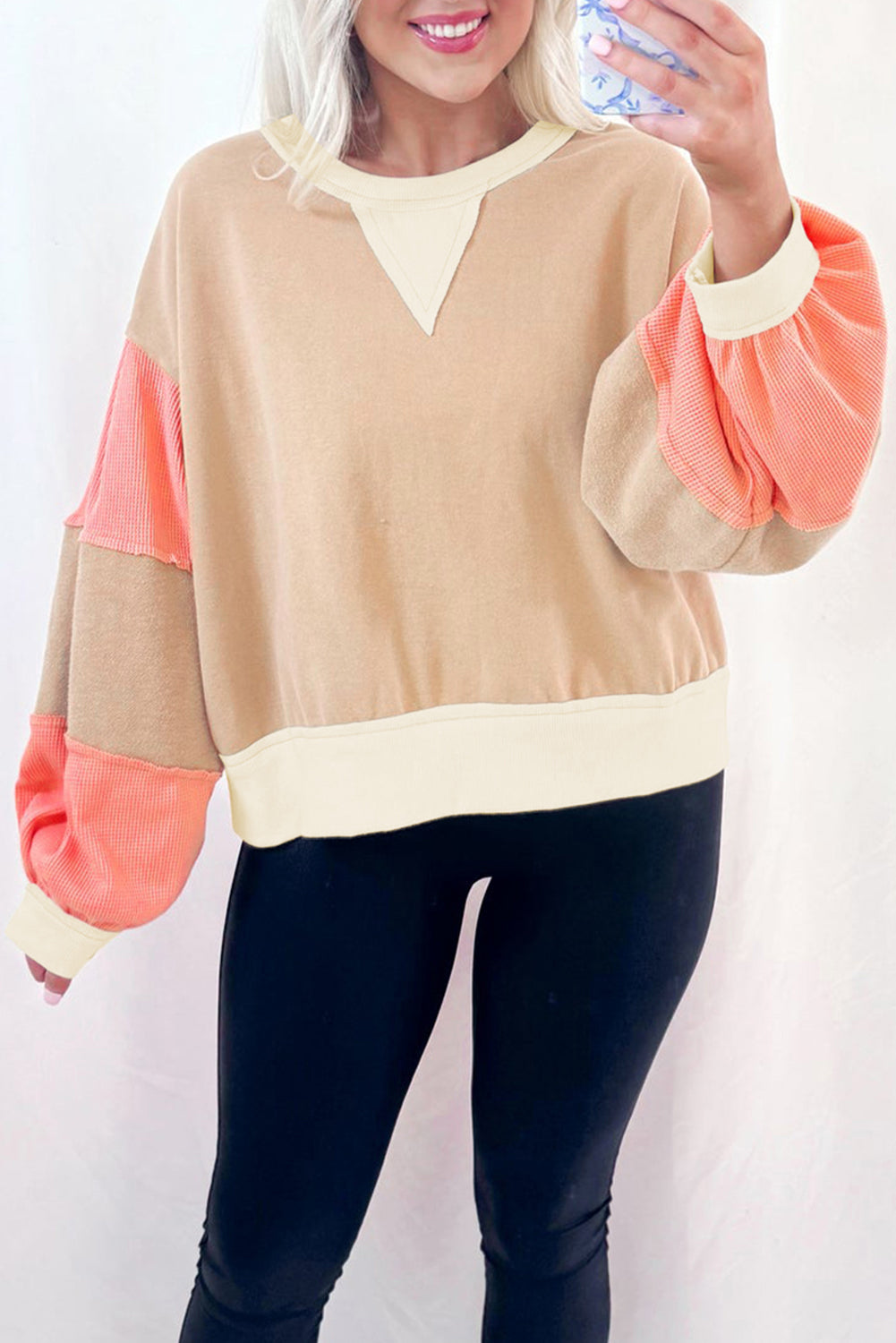 Hazel Blues® |  Light French Beige Color Block Textured Patchwork Pullover Sweatshirt