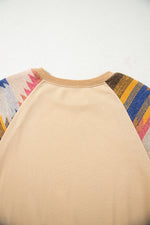 Hazel Blues® |  Light French Beige Aztec Patchwork Raglan Pullover Sweatshirt