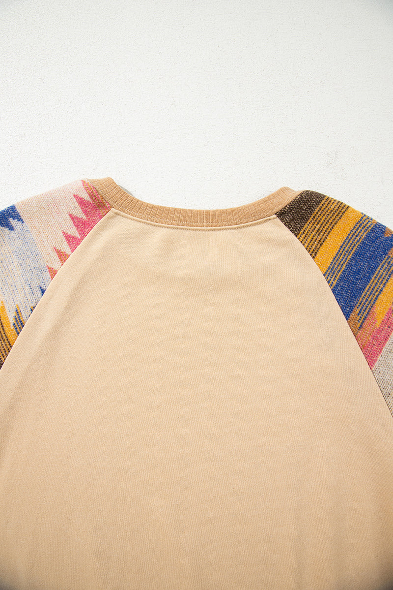 Hazel Blues® |  Light French Beige Aztec Patchwork Raglan Pullover Sweatshirt
