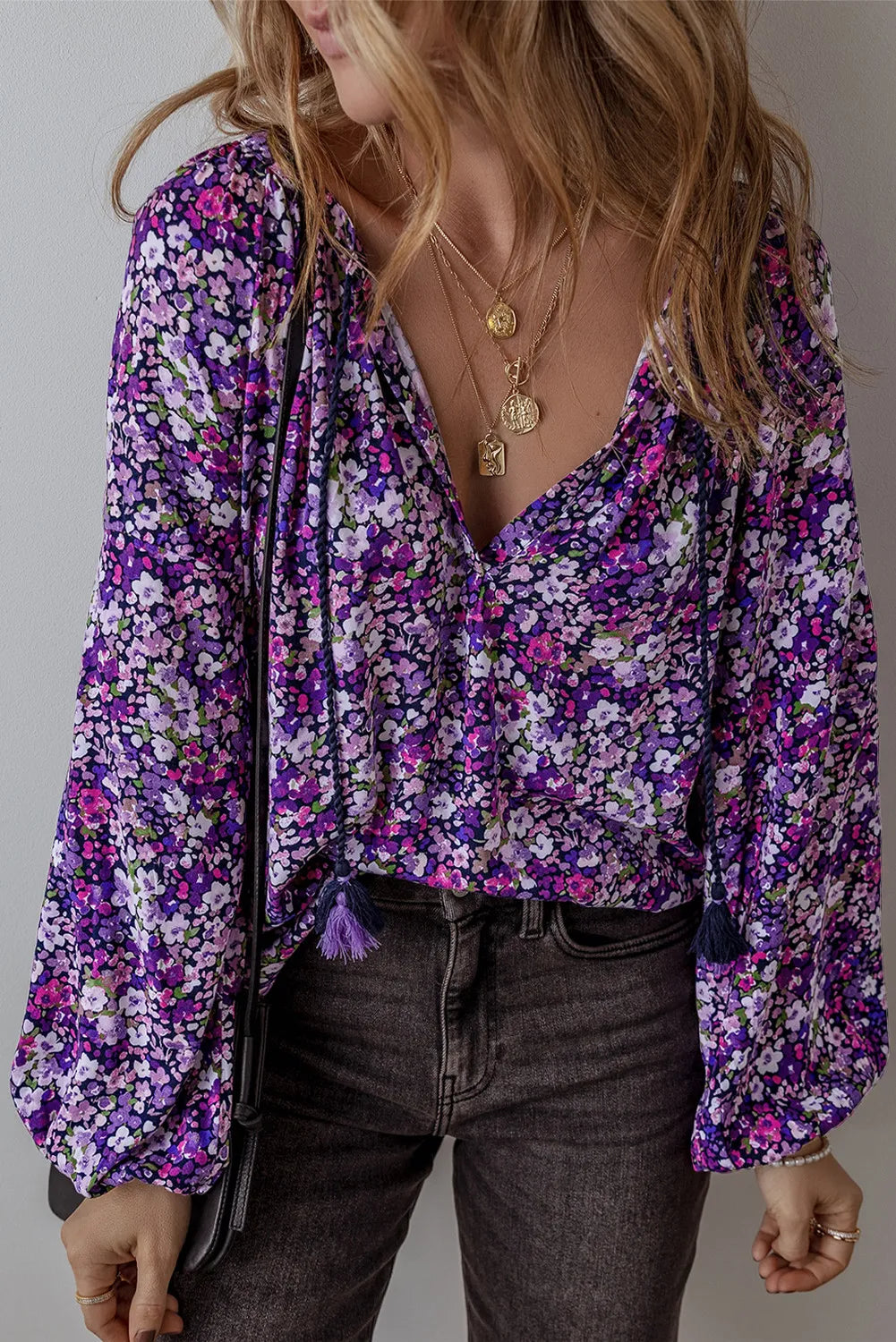 Hazel Blues® |  Floral Tie Neck Long Sleeve Blouse