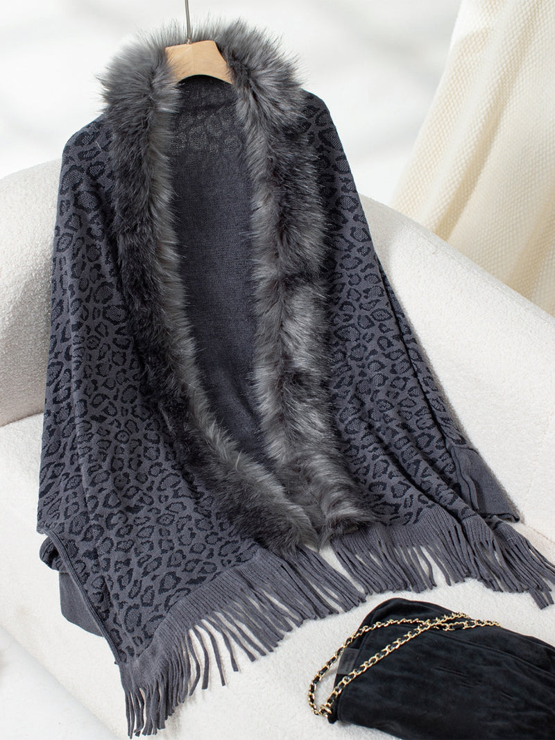 Hazel Blues® |  Fringe Leopard Open Front Long Sleeve Poncho