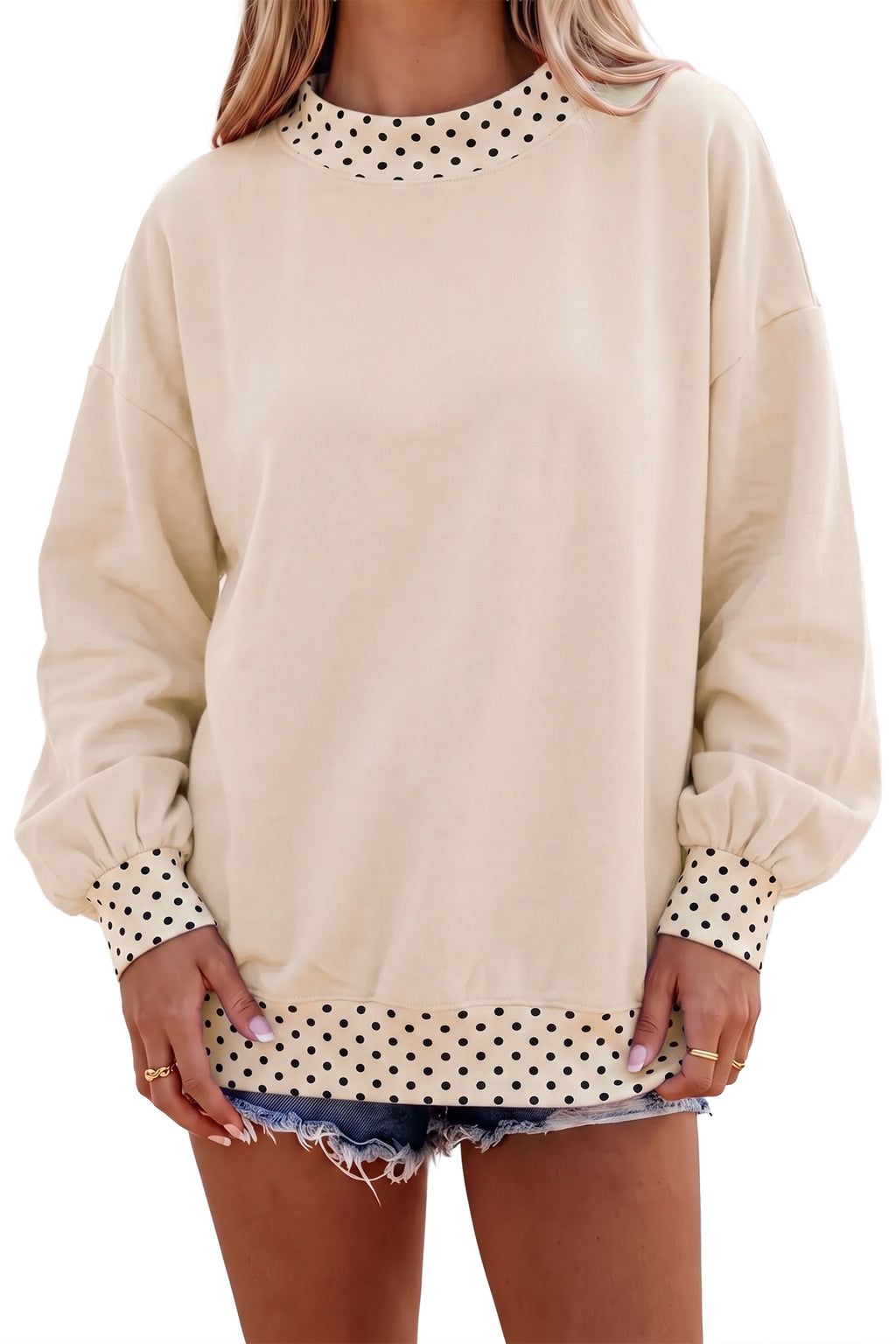 Ivory Polka-Dot Contrast-Trim Sweatshirt