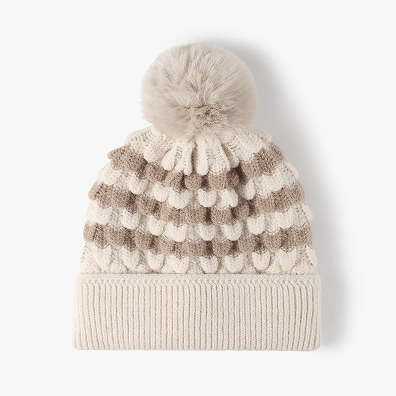 Hazel Blues® |  Striped Contrast Knit Hat with Pom-pom