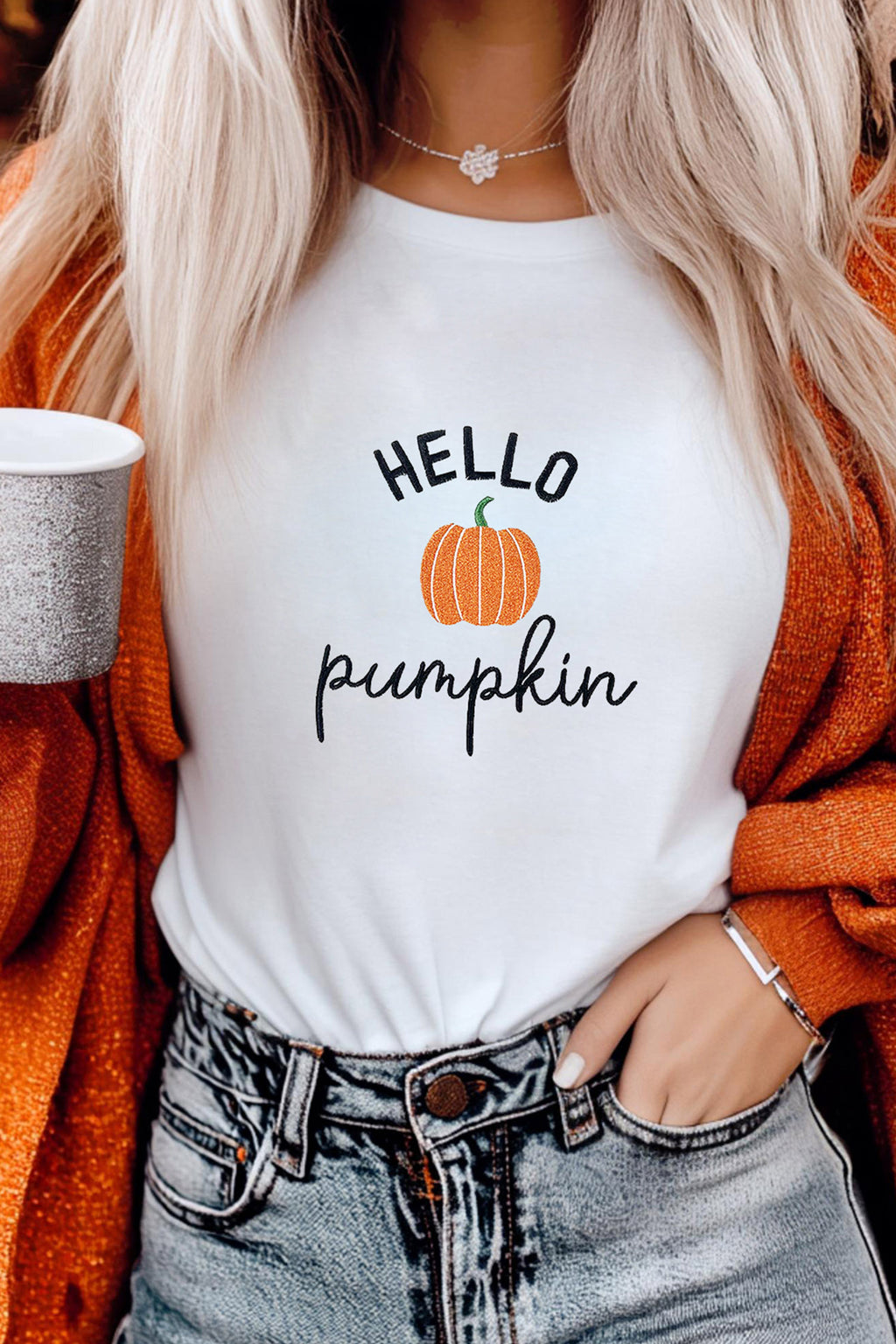 White Embroidered Pumpkin Slogan Short-Sleeve T-Shirt