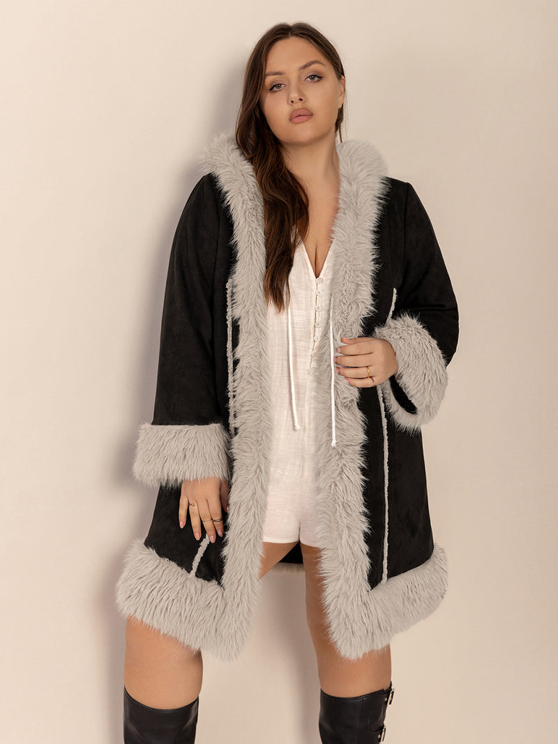 Hazel Blues® | Fuzzy Trim Open Front Long Sleeve Hooded Coat