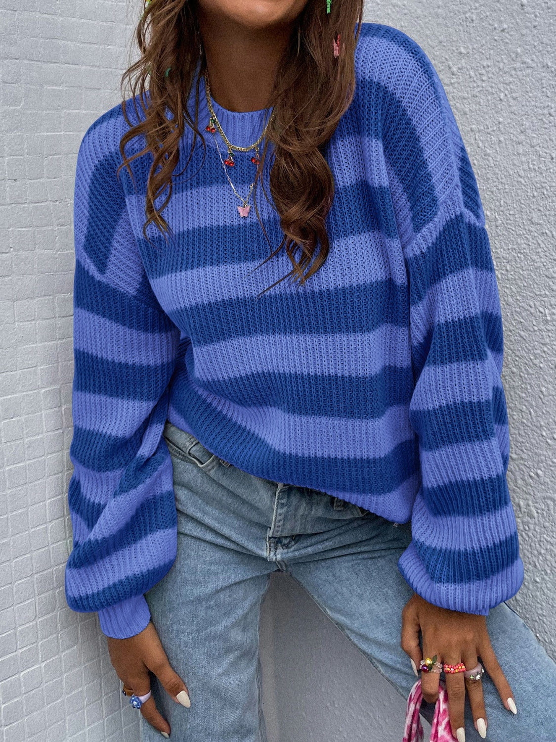 Hazel Blues® |  Honey Striped Round Neck Long Sleeve Sweater